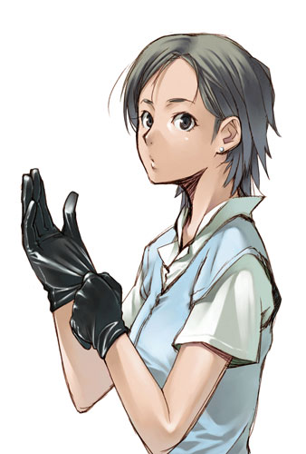 1girl, androgynous, black_hair, blue_eyes, female_focus, gloves, looking_at_viewer, lowres