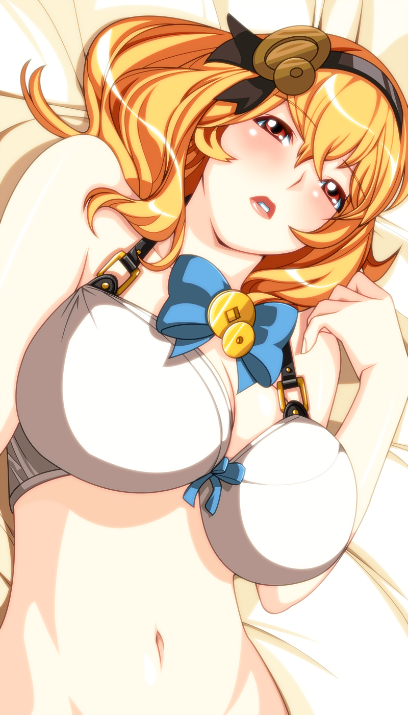 1girl, bare_shoulders, blonde_hair, blush, breasts, brown_eyes, cleavage, eros_(phantom_of_the_kill)