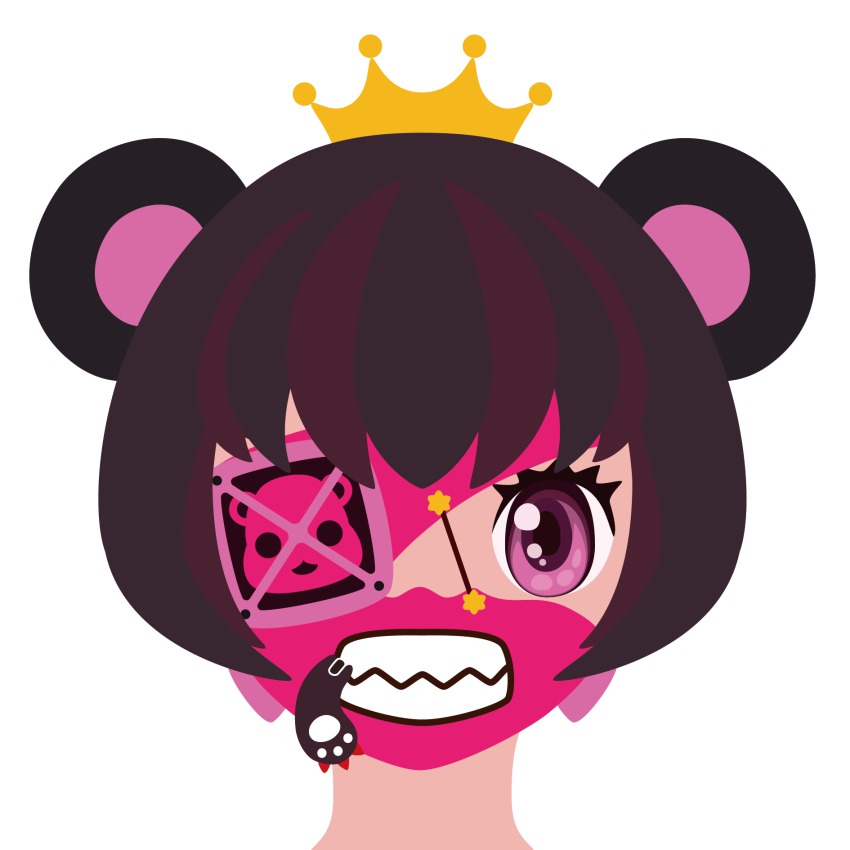 1girl, adapted_costume, animal_ears, bear_ears, brown_hair, cosplay, crown, eyepatch