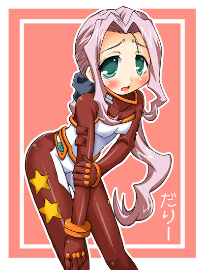 00s, 1girl, blush, bodysuit, darry_adai, female_focus, green_eyes, pink_hair