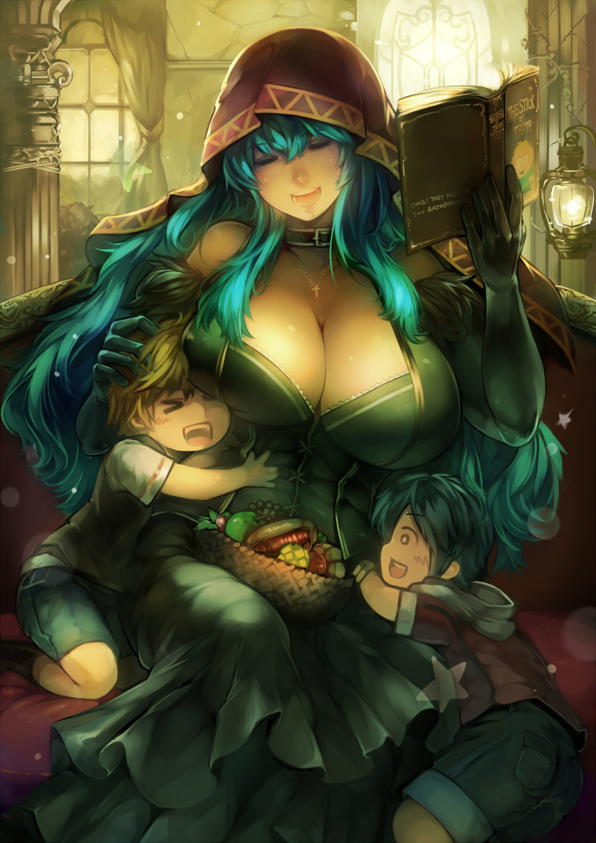 >_<, 1girl, 2boys, :d, aqua_hair, bare_shoulders, basket, black_dress, black_gloves, black_hair, blonde_hair, blue_hair, blush, book, breasts, butters_stotch, cleavage, collar, cross, cross_necklace, dress, elbow_gloves, english_text, closed_eyes, food, fruit, gloves, hand_on_another's_head, harusame-r, highres, holding, holding_book, hood, hoodie, hug, huge_breasts, jewelry, kneeling, lantern, long_hair, multiple_boys, necklace, open_book, open_mouth, original, riette_(luco_san), shirt, short_sleeves, shorts, sitting, smile, south_park, south_park:_the_stick_of_truth, star_(symbol), veil, very_long_hair