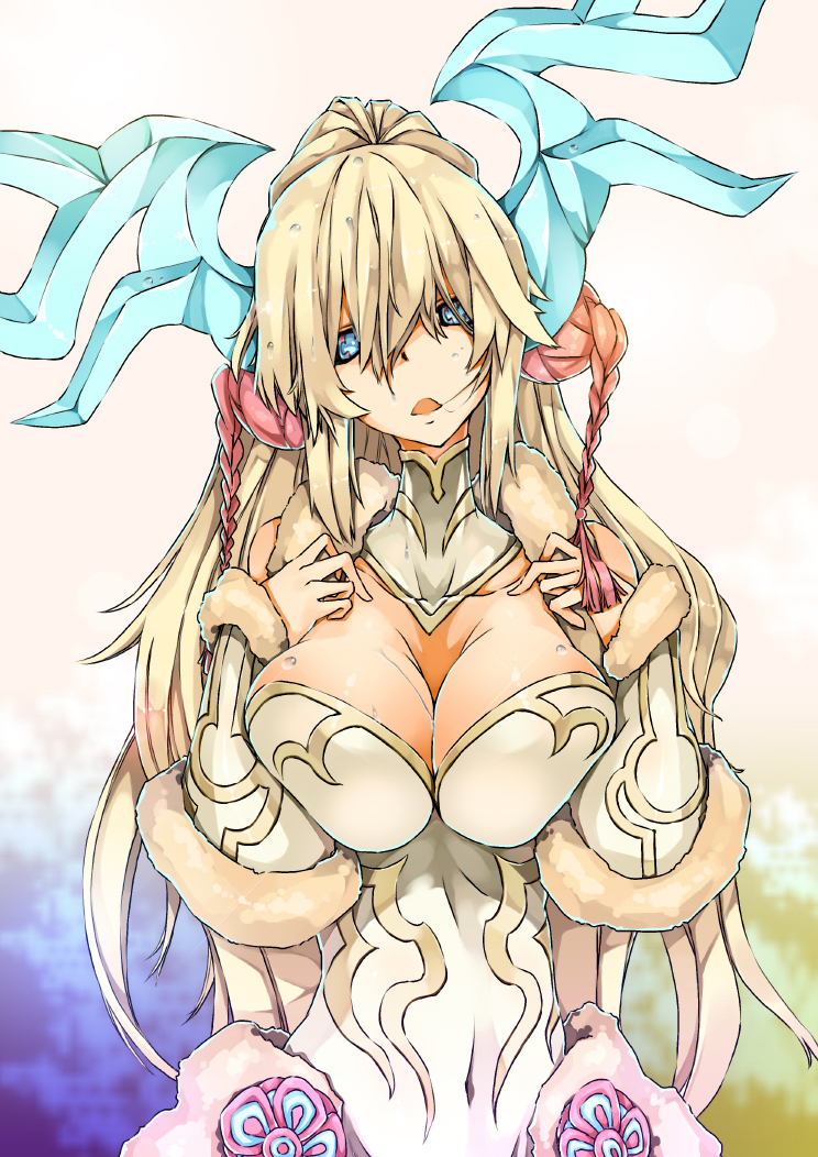 1girl, bad_id, bad_pixiv_id, bare_shoulders, blonde_hair, blue_eyes, breasts, cleavage
