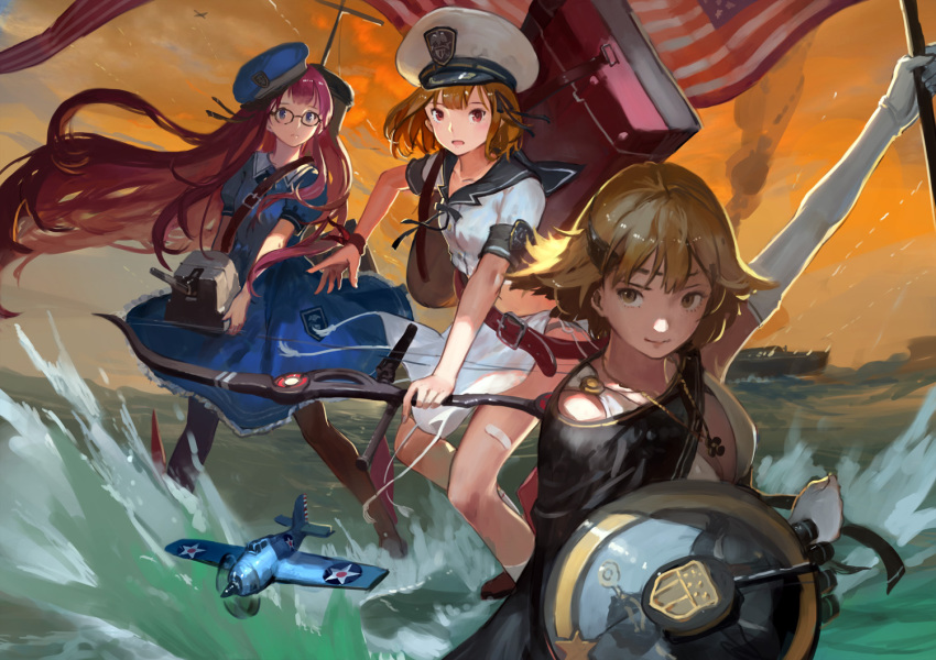 10s, 3girls, :d, aircraft, airplane, american_flag, blue_eyes, bow_(weapon)