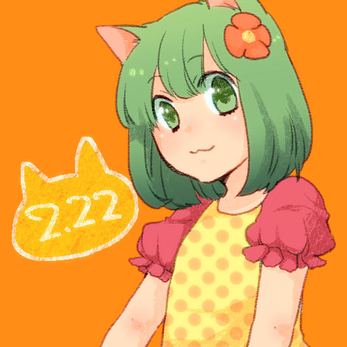 1girl, :3, animal_ears, bad_id, bad_pixiv_id, cat_ears, co_dai, dated, female_focus, flower, green_eyes, green_hair, hair_flower, hair_ornament, lowres, matching_hair/eyes, orange_background, puffy_sleeves, roo-ko_(roo&amp;coo), roo_&amp;_coo, solo