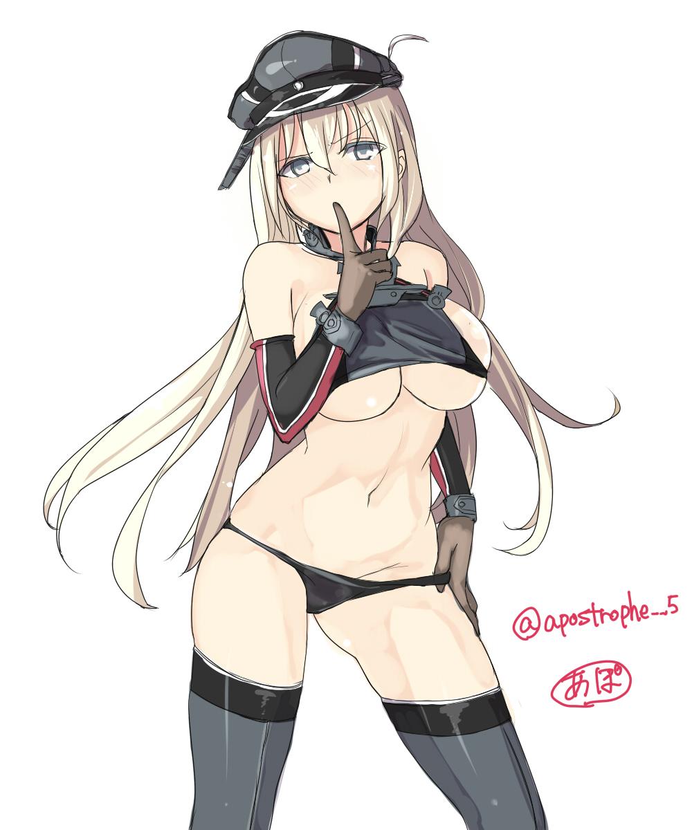 10s, 1girl, adapted_costume, apo_(apos2721), artist_name, bad_id, bad_twitter_id, bismarck_(kancolle), black_panties, blonde_hair, blue_eyes, blush, breasts, brown_gloves, detached_sleeves, female_focus, finger_to_mouth, gloves, grey_thighhighs, groin, hand_on_own_hip, hat, highres, kantai_collection, large_breasts, long_hair, navel, no_bra, panties, panty_pull, peaked_cap, sideboob, simple_background, solo, thighhighs, twitter_username, underboob, underwear, very_long_hair, white_background