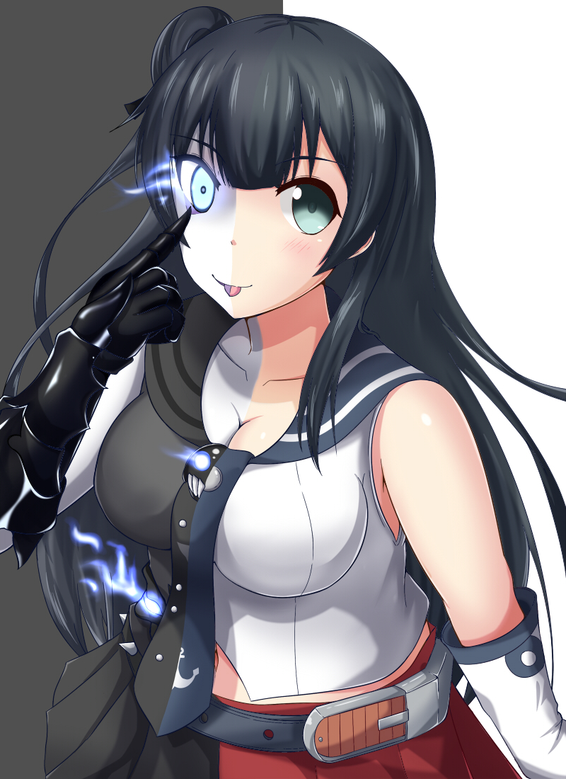10s, 1girl, :p, abyssal_ship, agano_(kancolle), akanbe, alternate_hairstyle, aqua_eyes
