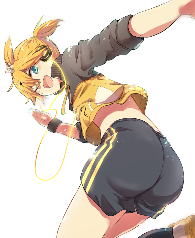 1boy, aobe_mahito, ass, blonde_hair, blue_eyes, from_below, hair_ornament, headphones