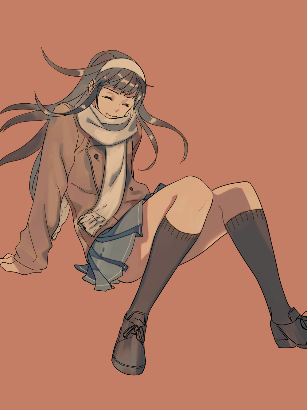 10s, 1girl, arm_support, black_hair, brown_theme, closed_eyes, contemporary, female_focus, guila, hairband, highres, kneehighs, long_hair, nanatsu_no_taizai, pleated_skirt, scarf, sitting, skirt, socks, solo, w9, wind