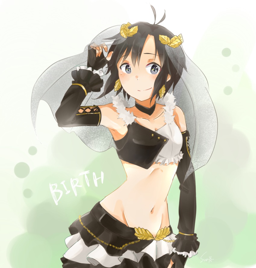 1girl, antenna_hair, black_hair, detached_sleeves, earrings, fingerless_gloves, fur_trim, gloves