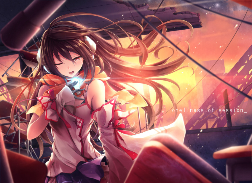 1girl, akiba, akkijin, asymmetrical_sleeves, brown_eyes, brown_hair, detached_sleeves, female_focus