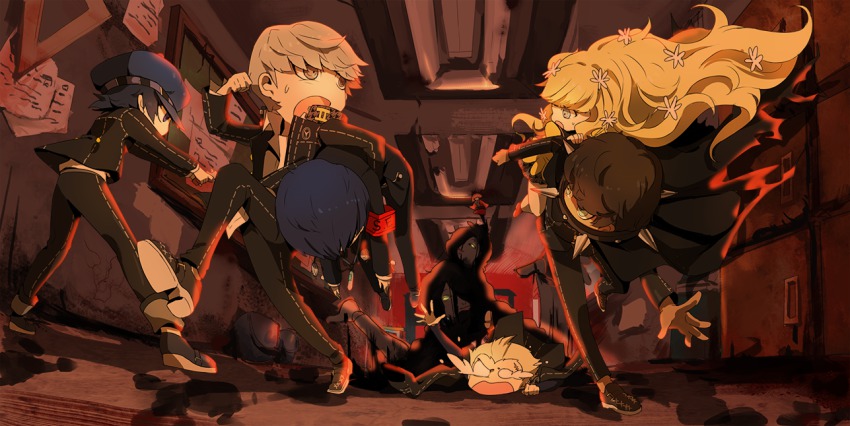 2girls, 4boys, androgynous, blonde_hair, blue_eyes, blue_hair, brown_hair, newsboy_cap, capuano_gabriela, carrying, carrying_under_arm, chibi, collar, dark_skin, mp3_player, doll, fleeing, flower, grey_eyes, grey_hair, gun, hair_flower, hair_ornament, hat, headphones, long_hair, monster, multiple_boys, multiple_girls, narukami_yu, persona, persona_3, persona_4, persona_q:_shadow_of_the_labyrinth, persona_q_(series), rei_(persona_q), reverse_trap, running, school_uniform, shirogane_naoto, short_hair, spiked_collar, spikes, tatsumi_kanji, tears, weapon, yuuki_makoto_(persona_3), zen_(persona_q)