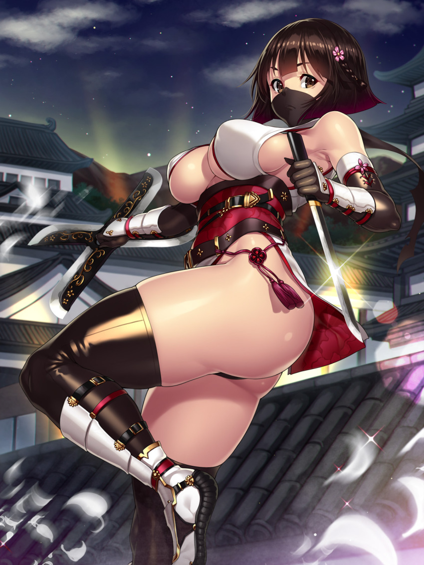 1girl, armpits, ass, bare_shoulders, belt, black_gloves, black_thighhighs, breasts, brown_eyes, brown_hair, building, cloud, covered_erect_nipples, elbow_gloves, female_focus, flower, fuuma_shuriken, gauntlets, glint, gloves, hair_flower, hair_ornament, half_mask, highres, houtengeki, knife, large_breasts, looking_at_viewer, mask, mouth_mask, night, ninja, original, revealing_clothes, rooftop, sash, shirt, short_hair, shuriken, side_slit, sideboob, skirt, sky, solo, standing, standing_on_one_leg, star_(sky), starry_sky, strap_gap, thick_thighs, thighhighs, thighs, tile_roof, weapon