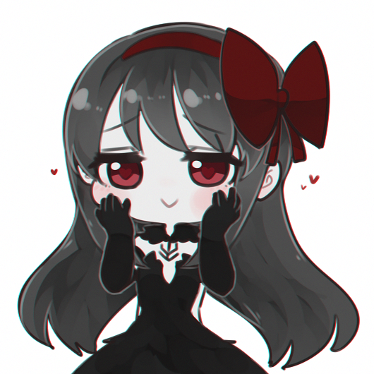 10s, 1girl, :>, akemi_homura, akuma_homura, black_dress, black_gloves, black_hair, bow, chibi, choker, dress, elbow_gloves, fc_(efushii), female_focus, gloves, hair_bow, hands_on_own_cheeks, hands_on_own_face, heart, long_hair, looking_at_viewer, mahou_shoujo_madoka_magica, mahou_shoujo_madoka_magica:_hangyaku_no_monogatari, purple_eyes, simple_background, solo, white_background