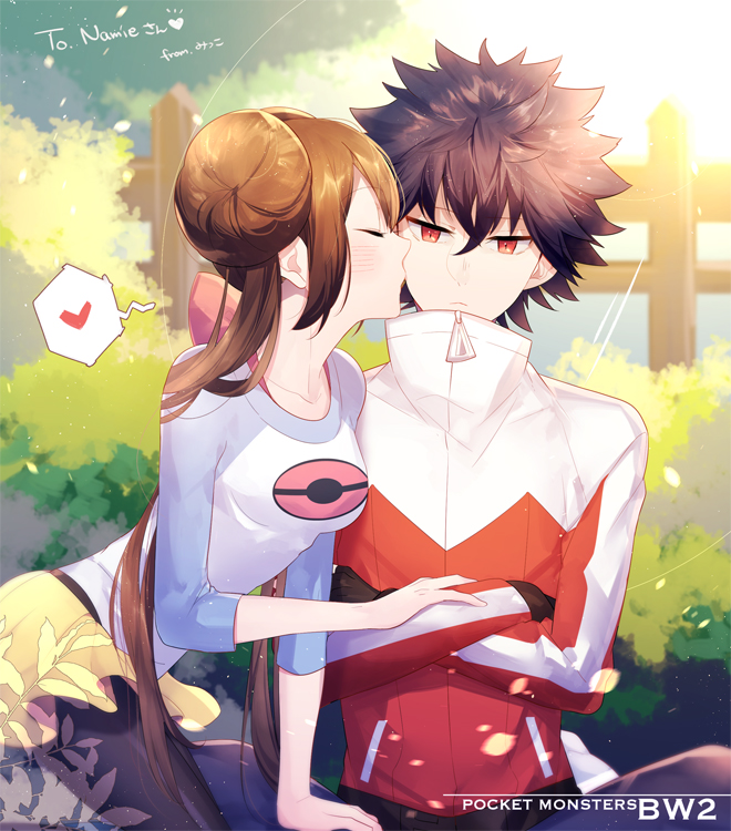 10s, 1boy, 1girl, bad_id, bad_pixiv_id, black_hair, blush, brown_hair