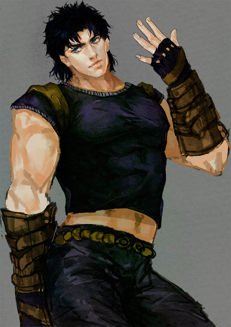 1boy, aruolrn, black_hair, blue_eyes, blue_hair, fingerless_gloves, gloves, jojo_no_kimyou_na_bouken, jonathan_joestar, male_focus, matching_hair/eyes, midriff, midriff_peek, solo