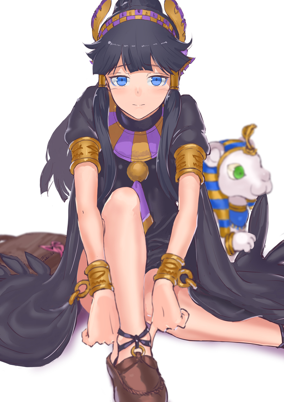 1girl, ancient_egyptian, anklet, black_dress, black_hair, blue_eyes, blurry, depth_of_field, dress, eyeshadow, female_focus, hair_tubes, hairband, highres, jewelry, jyon, lion, long_hair, looking_at_viewer, makeup, necklace, nephthys_(p&amp;d), no_socks, ponytail, puffy_short_sleeves, puffy_sleeves, putting_on_footwear, puzzle_&amp;_dragons, shoes, short_sleeves, solo, sphinx_(p&amp;d)