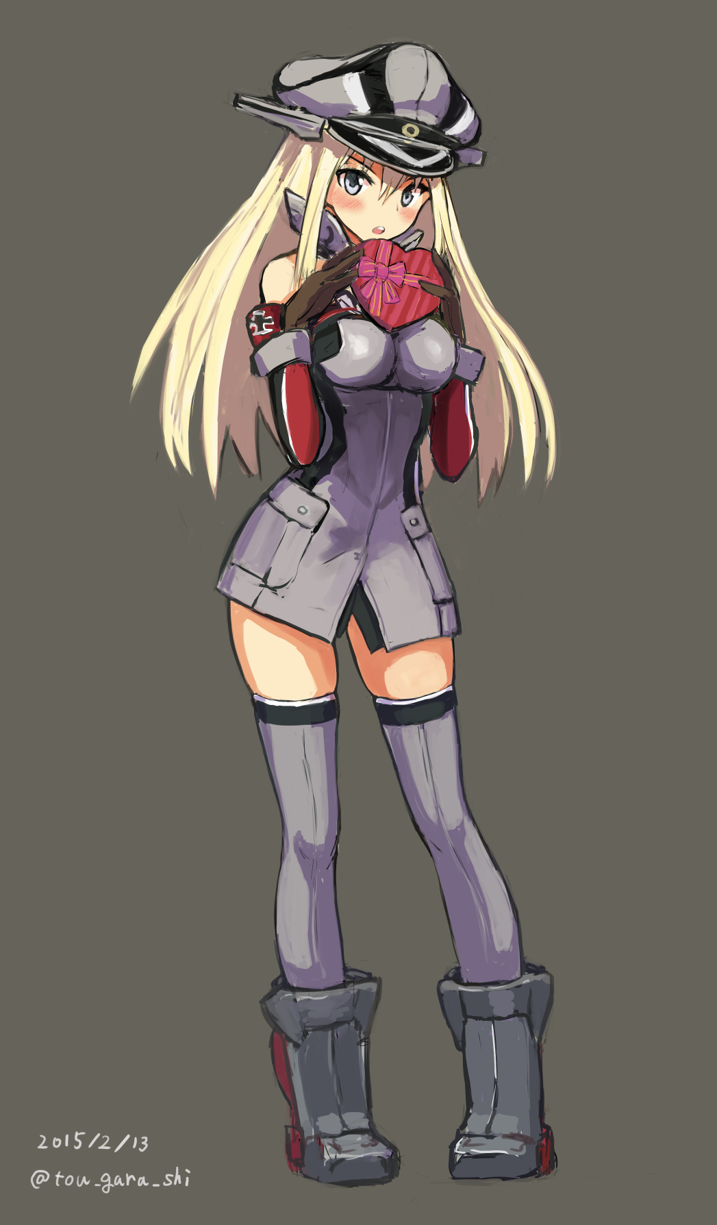 10s, 1girl, bare_shoulders, bismarck_(kancolle), blonde_hair, blue_eyes, blush, box