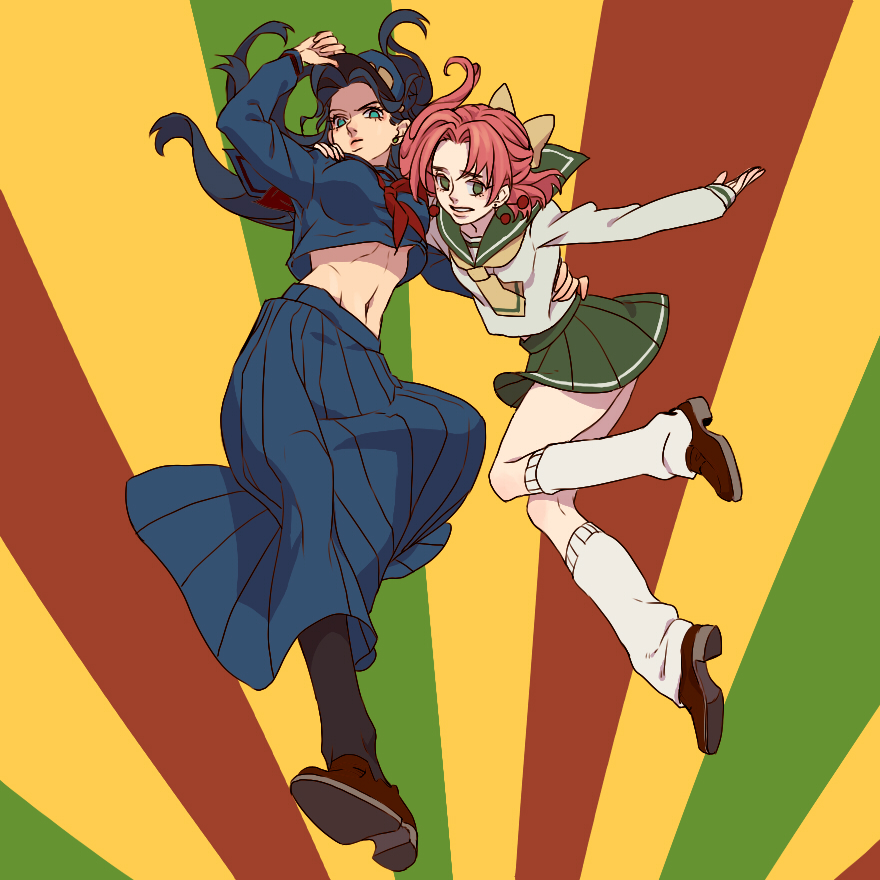2girls, banysun, blue_eyes, blue_hair, genderswap, genderswap_(mtf), green_eyes, jojo_no_kimyou_na_bouken
