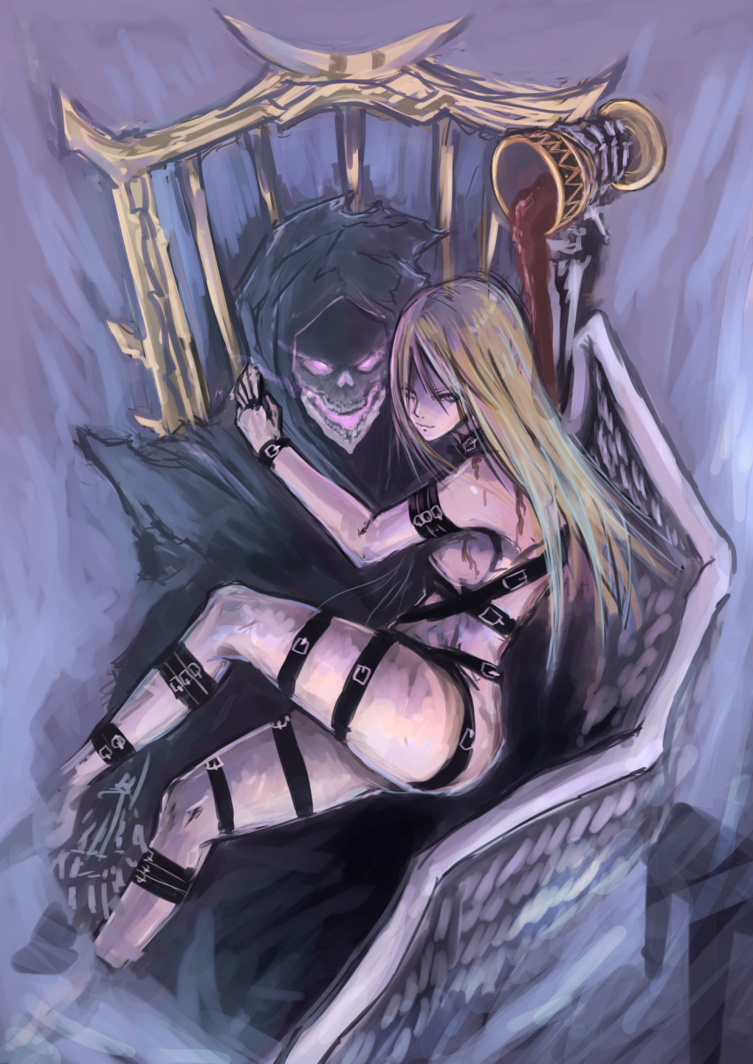 1girl, alcohol, angel, angel_wings, belt, blonde_hair, chalice, cup, death_(entity), feathered_wings, feathers, glowing, glowing_eyes, grim_reaper, highres, hood, in_lap, long_hair, natrium, original, purple_eyes, skeleton, smile, wine, wings