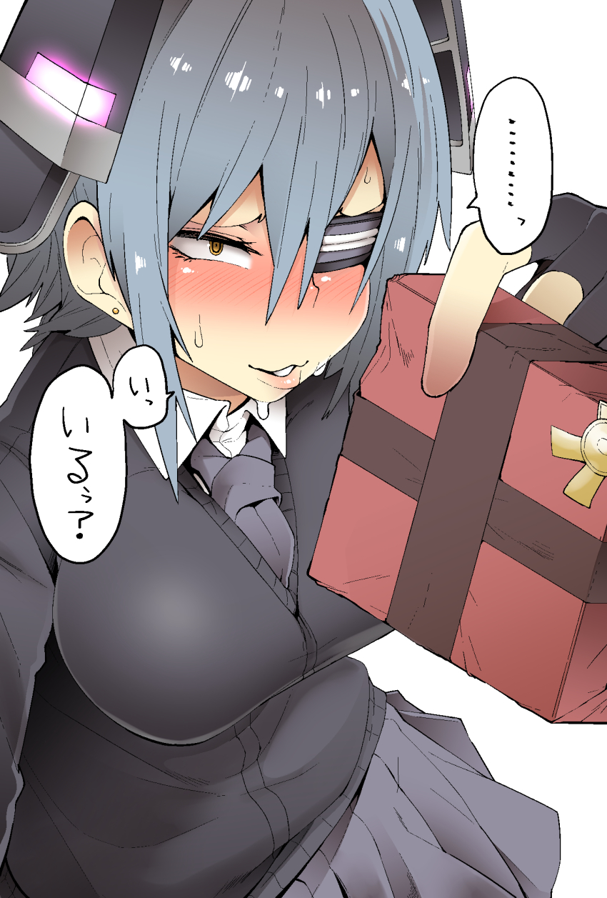 10s, 1girl, atumi20jp, blue_hair, blush, box, eyepatch, female_focus, fingerless_gloves, gift, gift_box, gloves, glowing, headgear, highres, kantai_collection, necktie, pleated_skirt, school_uniform, short_hair, skirt, solo, sweat, tenryuu_(kancolle), translation_request, valentine, yellow_eyes, yonyon_(yotayota_honpo)