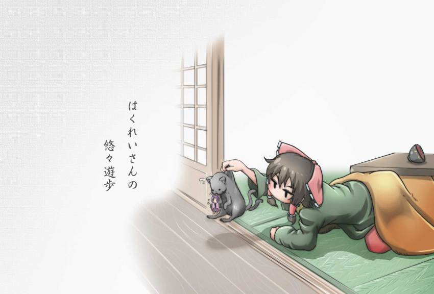 2girls, ascot, bow, bowl, brown_hair, cat, chamaji, chamawatari