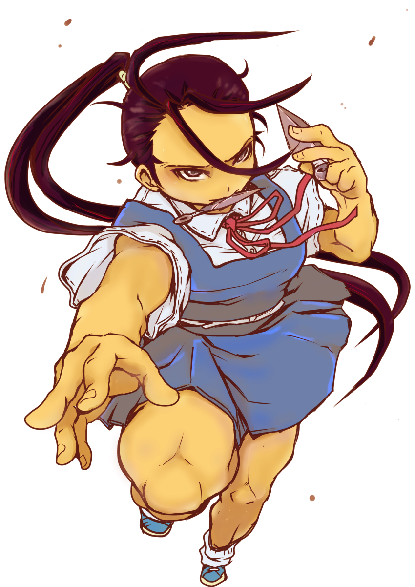 1girl, absurdres, alternate_costume, antenna_hair, black_hair, female_focus, foreshortening, hair_slicked_back, highres, ibuki_(street_fighter), kunai, long_hair, loose_socks, mouth_hold, ponytail, school_uniform, shirotateto, socks, solo, street_fighter, street_fighter_iv_(series), weapon