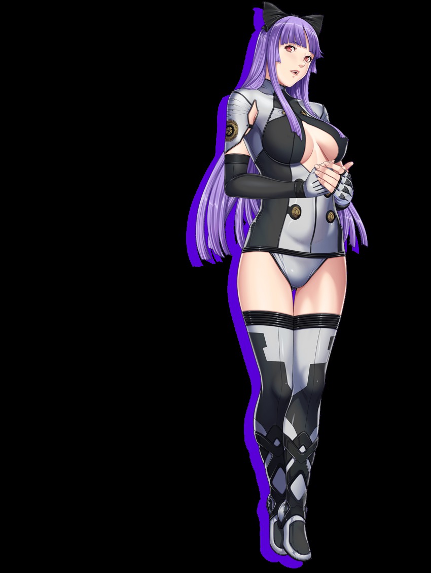 1girl, blunt_bangs, blush, bodysuit, boots, breasts, cleavage, cleavage_cutout, closed_game, clothing_cutout, cocona_stemper, covered_erect_nipples, empress_(studio), female_focus, fingerless_gloves, full_body, game_cg, gloves, hair_ribbon, highres, large_breasts, long_hair, looking_at_viewer, no_bra, open_mouth, purple_eyes, purple_hair, red_eyes, ribbon, sei_shoujo, solo, standing, thigh_boots, thighhighs, transparent_background