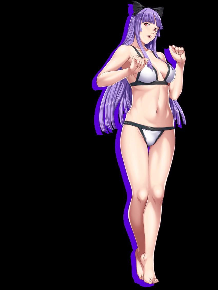 1girl, barefoot, bikini, blunt_bangs, blush, bra, breasts, cleavage, closed_game, cocona_stemper, covered_erect_nipples, empress_(studio), feet, female_focus, full_body, game_cg, hair_ribbon, highres, large_breasts, legs, long_hair, looking_at_viewer, navel, open_mouth, panties, purple_eyes, purple_hair, red_eyes, ribbon, sei_shoujo, solo, standing, swimsuit, thighs, toes, transparent_background, underwear