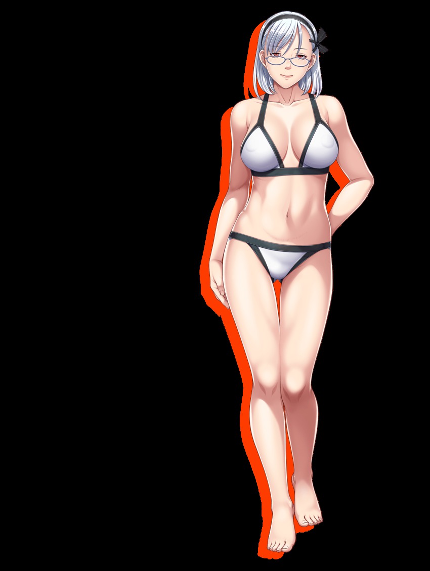 1girl, barefoot, bikini, bra, breasts, cleavage, closed_game, covered_erect_nipples, empress_(studio), feet, female_focus, full_body, game_cg, glasses, hairband, highres, large_breasts, legs, looking_at_viewer, marielle_clemens, navel, panties, purple_eyes, red_eyes, sei_shoujo, short_hair, solo, standing, swimsuit, thighs, toes, transparent_background, underwear, white_hair