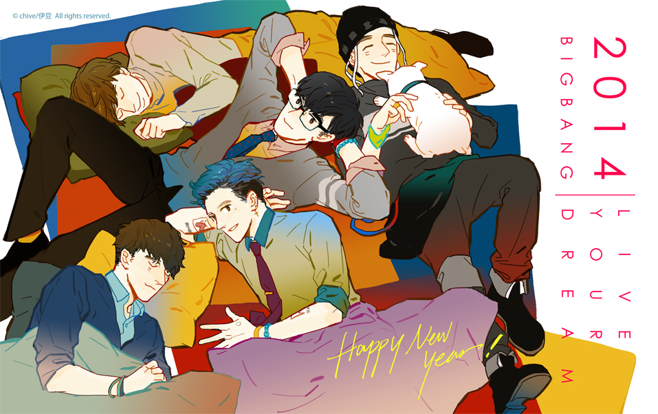 5boys, bigbang, black_hair, blue_hair, bracelet, brown_hair, calender, daesung