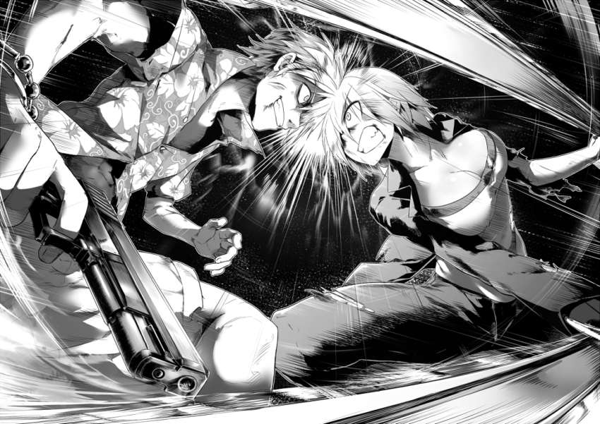 1boy, 1girl, chainsword, clenched_teeth, etsusa_oohashi, greyscale, grin, gun