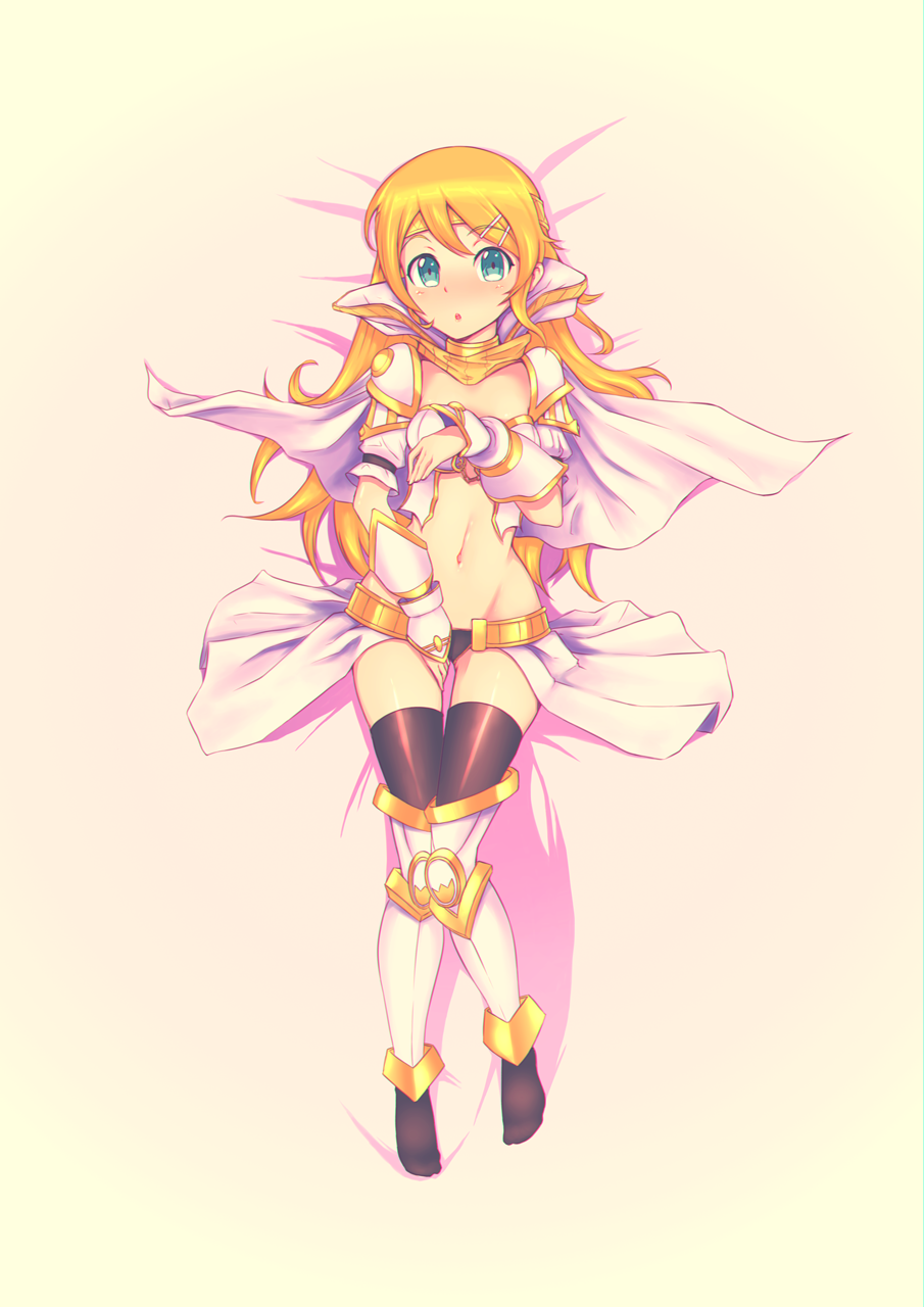 1girl, armor, bed_sheet, blonde_hair, blue_eyes, blush, cape, cosplay