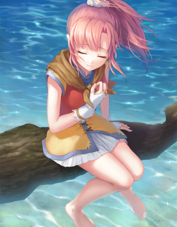 1girl, barefoot, branch, closed_eyes, day, eiyuu_densetsu, female_focus, fingerless_gloves, gloves, in_tree, moai_(aoh), ocean, pink_hair, ponytail, sitting, sitting_in_tree, smile, solo, tree, umi_no_oriuta, una_(eiyuu_densetsu), water, white_gloves