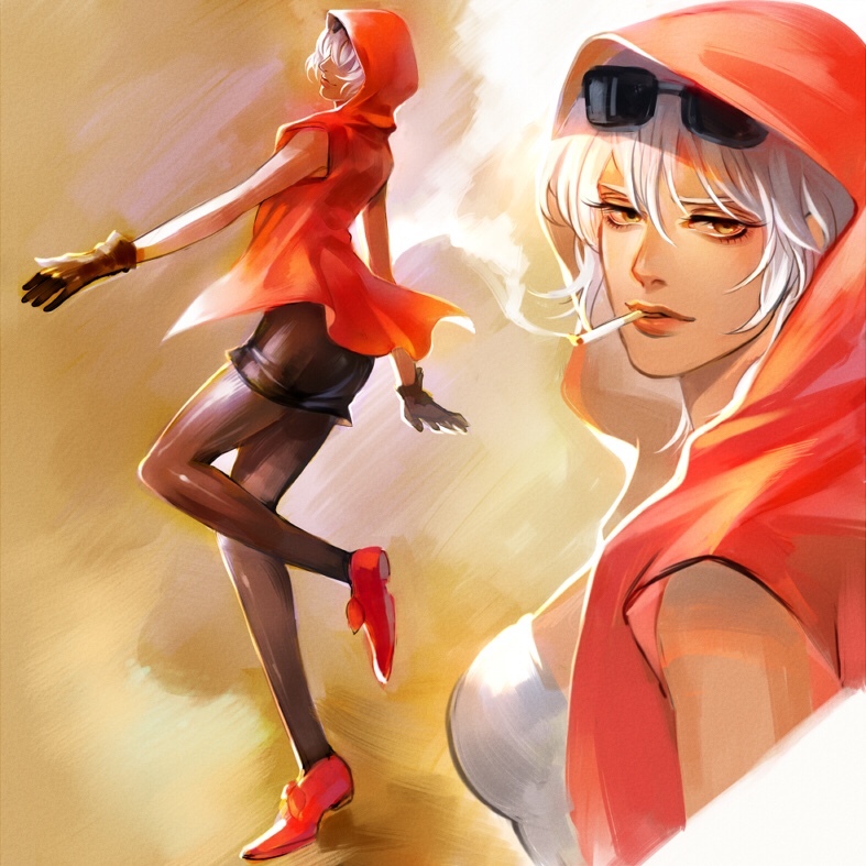 1girl, brown_pantyhose, cigarette, dark_skin, eyelashes, eyewear_on_head, from_side, gloves, higurehiiro, hood, jojo_no_kimyou_na_bouken, lips, looking_at_viewer, mariah_(jojo), pantyhose, skirt, sunglasses, white_hair