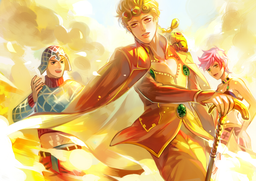 1girl, 2boys, black_hair, blonde_hair, cane, cleavage_cutout, clothing_cutout, coco_jumbo