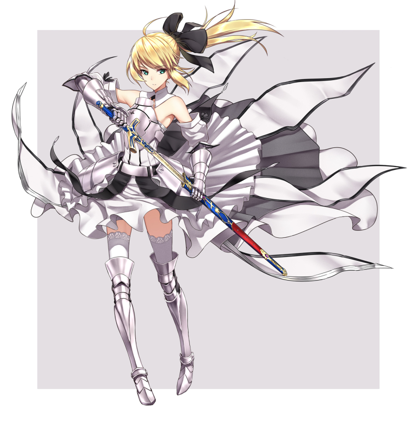1girl, ahoge, armor, armored_dress, artoria_pendragon_(fate), bare_shoulders, blonde_hair, bow
