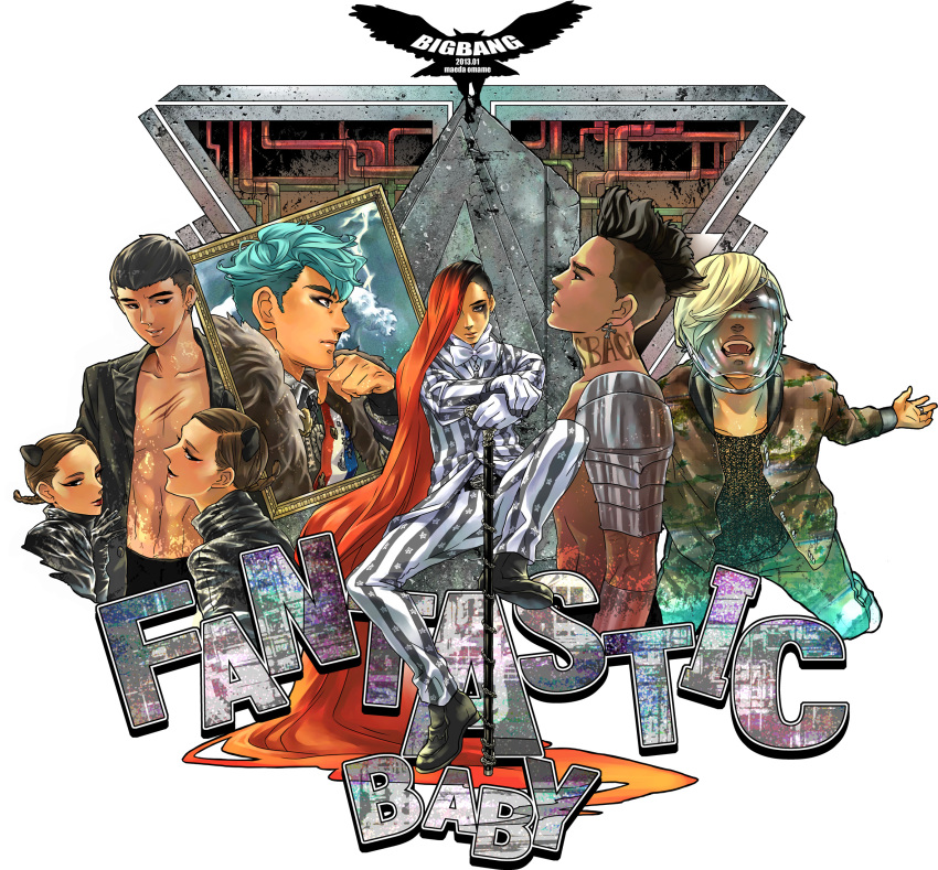 2girls, 5boys, animal_ears, aqua_hair, armor, asymmetrical_hair, bigbang, black_hair