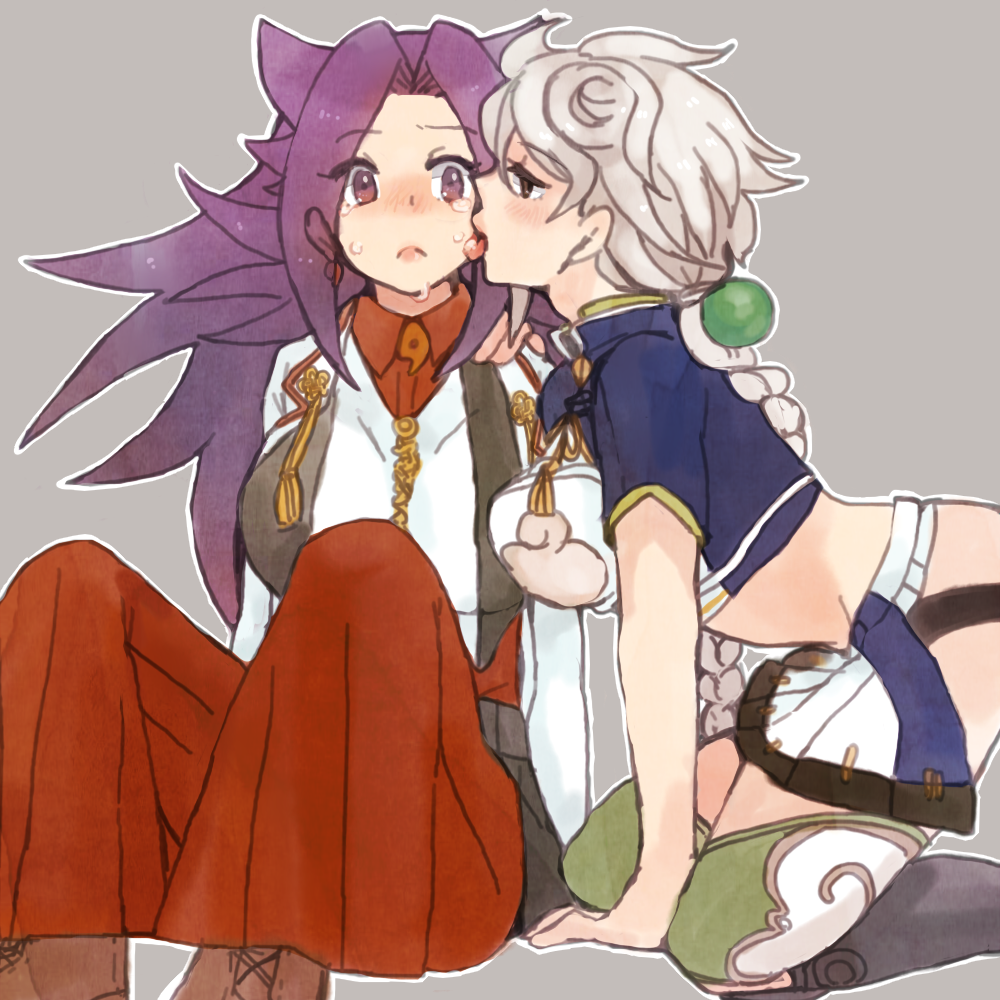 10s, 2girls, all_fours, aozi_seizi, asymmetrical_hair, bad_id, bad_twitter_id, blouse