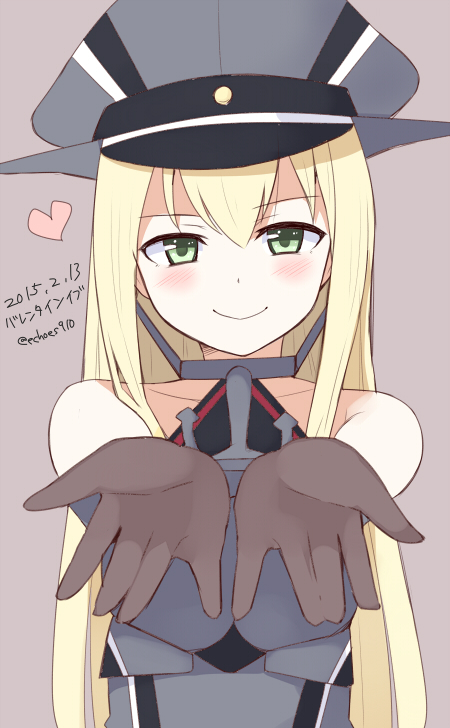 10s, 1girl, alternate_eye_color, bare_shoulders, bismarck_(kancolle), blonde_hair, blush, collarbone