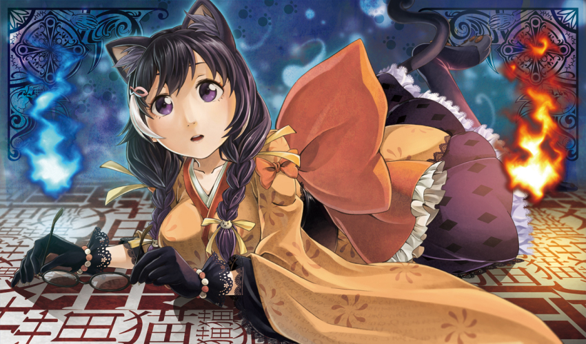 1girl, animal_ears, bakemonogatari, black_hair, braid, cat_ears, cat_tail, cosplay, duel_monster, female_focus, fire, ghostrick_nekomusume, ghostrick_nekomusume_(cosplay), glasses, gloves, hanekawa_tsubasa, japanese_clothes, kannagi_yuu_(n_jack8888), lolita_fashion, long_hair, lying, monogatari_(series), on_stomach, pantyhose, purple_eyes, solo, tail, twin_braids, wa_lolita, yu-gi-oh!