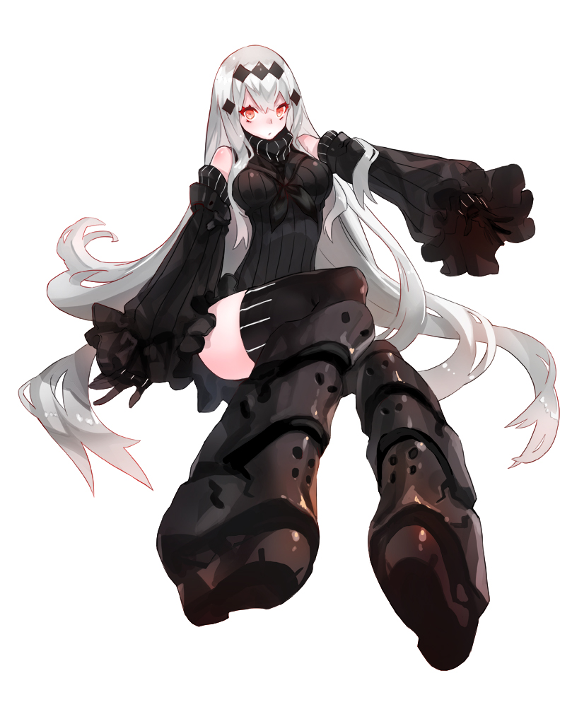 10s, 1girl, abyssal_ship, aircraft_carrier_water_oni, armor, armored_boots, bare_shoulders, black_boots