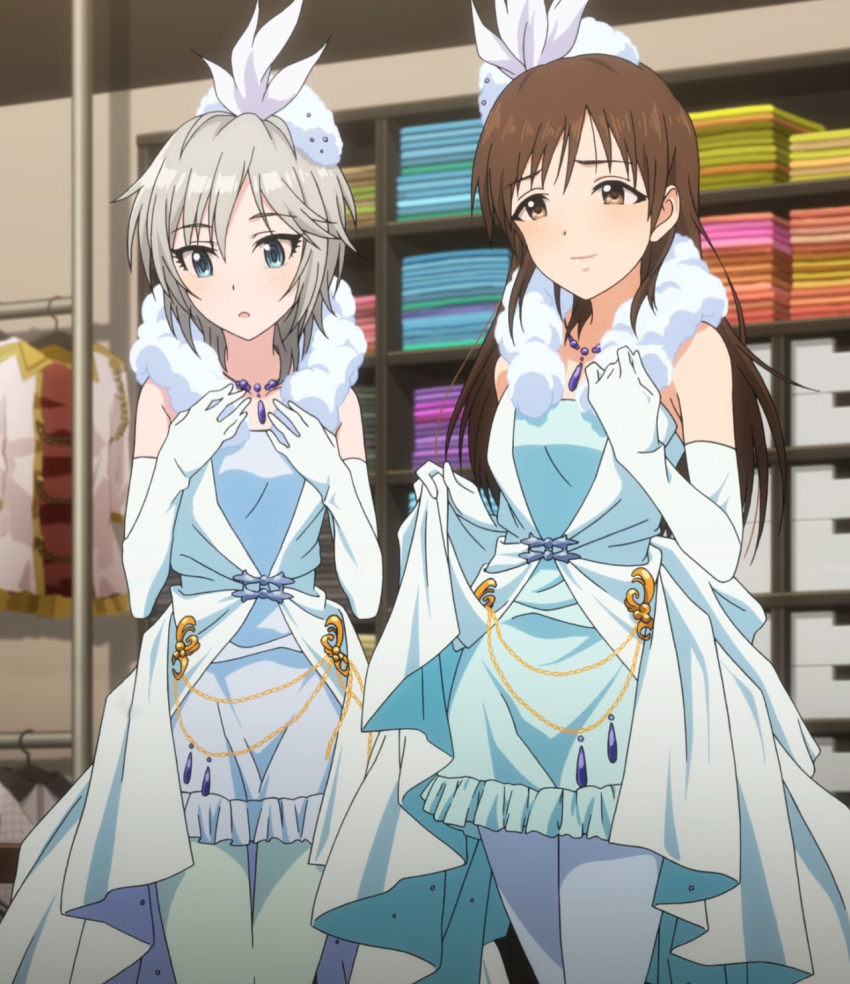 10s, 2girls, anastasia_(idolmaster), anime_screenshot, aqua_eyes, brown_eyes, brown_hair, elbow_gloves