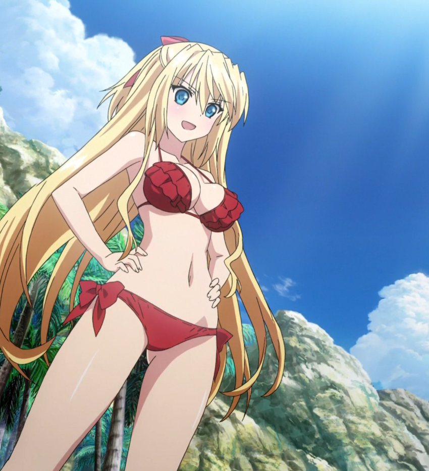 10s, 1girl, absolute_duo, anime_screenshot, bare_shoulders, bikini, blonde_hair, blue_eyes