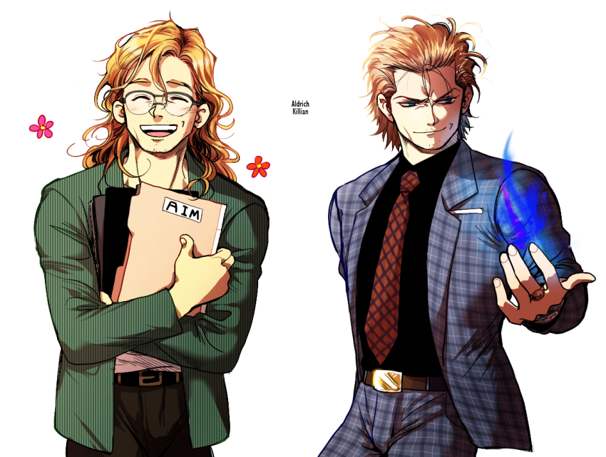 2boys, aldrich_killian, animification, bad_id, bad_pixiv_id, before_and_after, blonde_hair, blue_fire