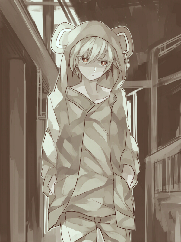 1boy, animal_hood, etsusa_oohashi, hood, hoodie, kuragesaki, male_focus, monochrome