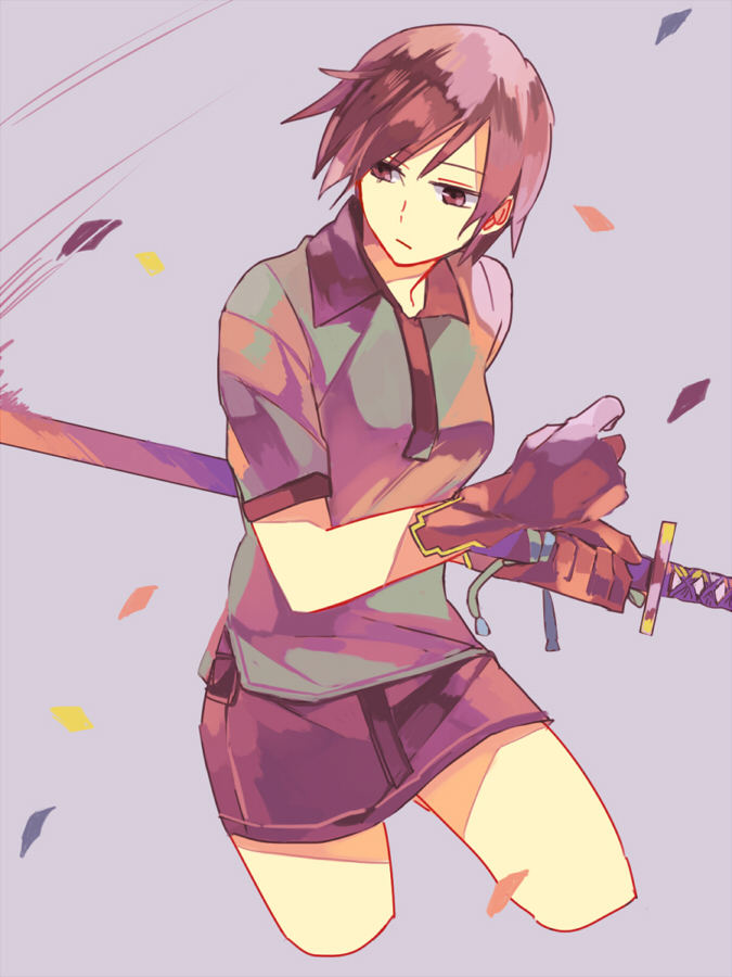 1girl, cropped_legs, etsusa_oohashi, female_focus, gloves, katana, kuragesaki, miniskirt, purple_background, purple_eyes, purple_hair, sheath, sheathed, short_hair, skirt, solo, sword, weapon, yukimura_nazuna