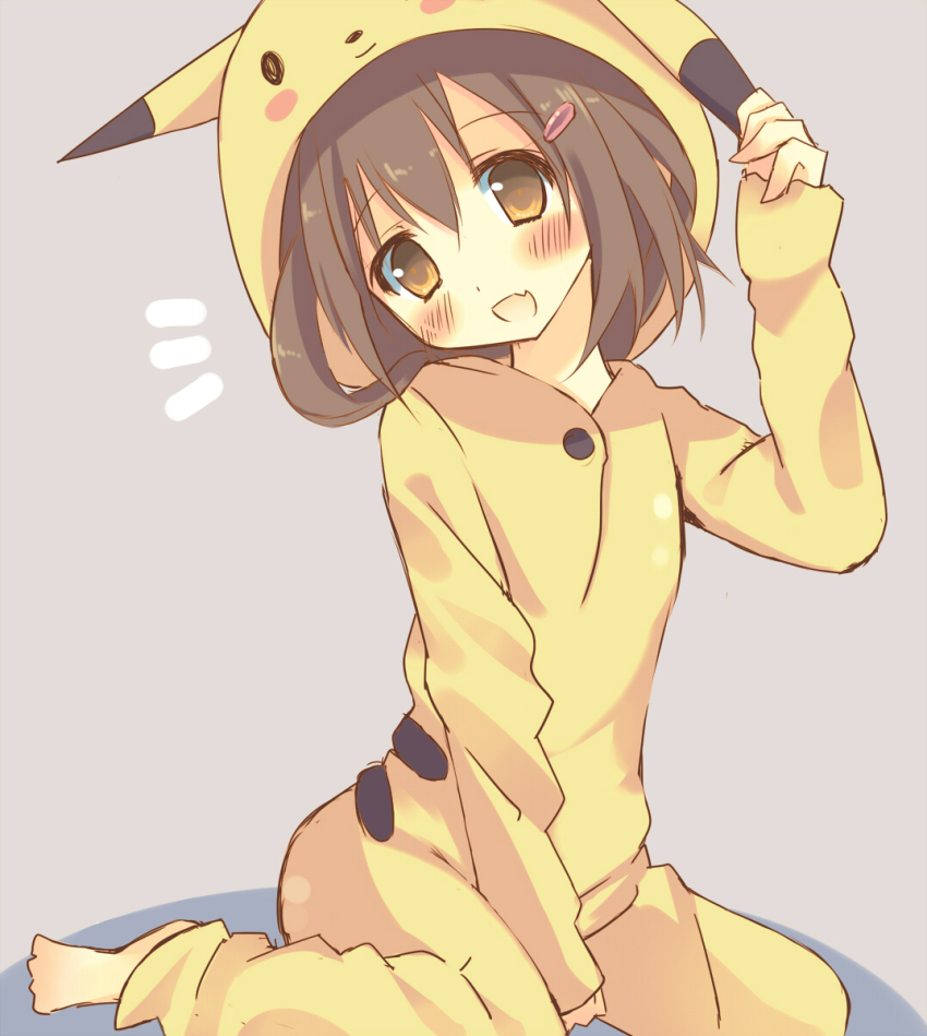 1girl, brown_hair, cosplay, costume, female_focus, gen_1_pokemon, hair_ornament, hairclip