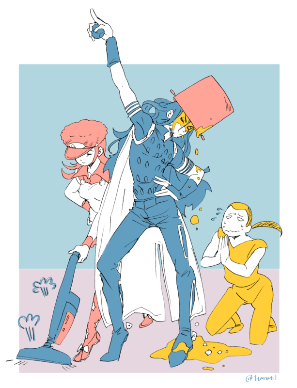 1girl, 2boys, chaka_(jojo), curry, food, gyro_zeppeli, jojo_no_kimyou_na_bouken, jojolion, multiple_boys, nijimura_kei, pot, steel_ball_run, tanjojnat, vacuum_cleaner