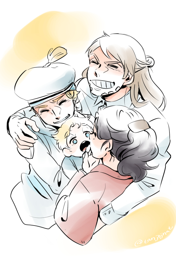 1girl, 3boys, alternate_universe, baby, black_hair, blonde_hair, blue_eyes, brown_hair, george_joestar_ii_(jojolion), gyro_zeppeli, hat, higashikata_rina, hug, husband_and_wife, johnny_joestar, jojo_no_kimyou_na_bouken, jojolion, multiple_boys, sailor_hat, steel_ball_run, tanjojnat