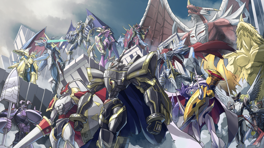 alphamon, armor, belt, black_sclera, bow_(weapon), building, cape, centauroid